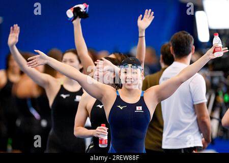 Fukuoka, Japan. 30. Juli 2023. Athleten des Teams Japan reagieren nach der Teilnahme an den 4x100 m langen Medley Relay Women Heats während der 20. World Aquatics Championships in der Marine Messe Hall A in Fukuoka (Japan) am 30. Juli 2023. Kredit: Insidefoto di andrea staccioli/Alamy Live News Stockfoto