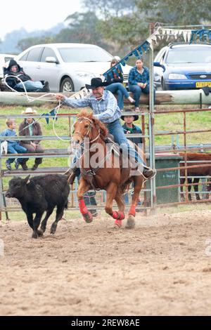 Fotos von Männern, Frauen und Kindern, die beim Rodeo in gresford auf Pferden und Bullen bei verschiedenen Veranstaltungen mitmachen Stockfoto