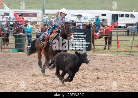 Fotos von Männern, Frauen und Kindern, die beim Rodeo in gresford auf Pferden und Bullen bei verschiedenen Veranstaltungen mitmachen Stockfoto