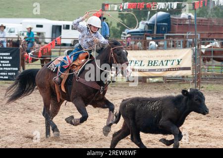 Fotos von Männern, Frauen und Kindern, die beim Rodeo in gresford auf Pferden und Bullen bei verschiedenen Veranstaltungen mitmachen Stockfoto