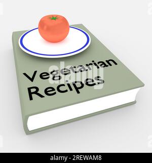 3D Abbildung einer Tomate auf einem Teller mit dem Titel „vegetarische Rezepte“. Stockfoto