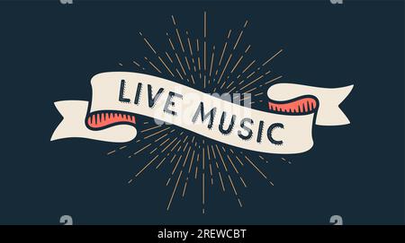 Livemusik, Band-Banner. Buntes Band-Banner mit Text, Phrase Live-Musik. Isoliertes altmodisches Silhouettenband mit Livemusik, Schild, Banner, Band. Vektordarstellung Stock Vektor