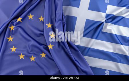 Raffled Flags der Europäischen Union und Griechenlands. 3D-Rendering Stockfoto