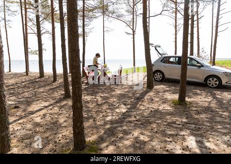 Touristen bereiten an einem sonnigen Sommertag auf der Insel Kihnu in Estland ein Mittagessen auf einem Tisch in einem Wald in der Nähe des Sandstrandes vor Stockfoto