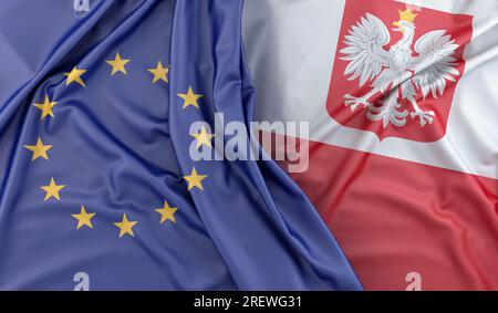 Rüschenflaggen der Europäischen Union und Polens (mit Wappen). 3D-Rendering Stockfoto