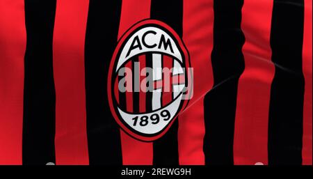 Mailand, Italien, Juli 23 2023: Nahaufnahme der Flagge von A.C. Milan winkend. Profifußballverein mit Sitz in Mailand, Italien. 3D illustr Stockfoto
