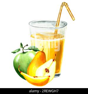Aquarelle Darstellung von gelbem Glas mit Apfel, Kürbis und Birne. Handgezeichnete Aquarell-JPEG-Grafik für Design, Stoffe, Geschenkpapier, Wal Stockfoto