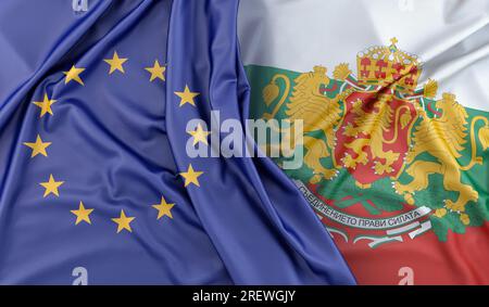 Rüschenflaggen der Europäischen Union und Bulgariens (mit Wappen). 3D-Rendering Stockfoto