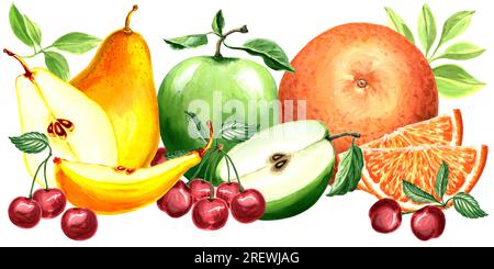 Aquarellzusammensetzung von Fruchtapfel, Birne, Orange und Kirsche. Handgezeichnete Aquarell-JPEG-Grafik für Design, Stoffe, Geschenkpapier, Tapeten Stockfoto