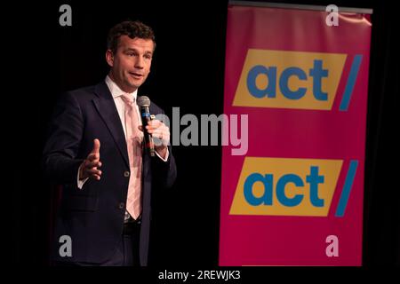 PALMERSTON NORTH, Neuseeland - 30. Juli 2023: David Seymour, der Führer VON ACT Neuseeland, spricht auf einer politischen Kundgebung in Palmerston North. Neuseeland geht im Oktober zur Wahl. Foto: Giordano Stolley Stockfoto