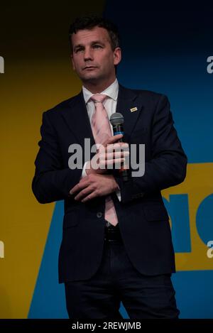 PALMERSTON NORTH, Neuseeland - 30. Juli 2023: David Seymour, der Führer VON ACT Neuseeland, spricht auf einer politischen Kundgebung in Palmerston North. Neuseeland geht im Oktober zur Wahl. Foto: Giordano Stolley Stockfoto