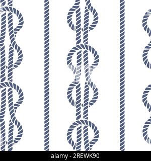 Nahtloses Muster aus Seeknoten. Yacht-Motiv Marineblau auf Weiß Illustration mit weißem Seil Ornament und nautischen Knoten. Für Stoff, Tapete, Verpackung Stock Vektor