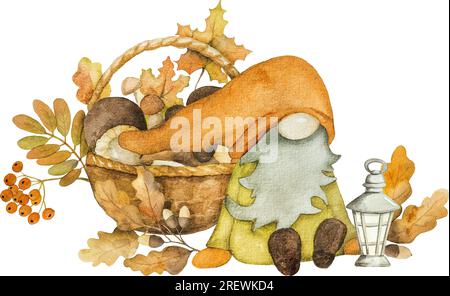 Süßer Herbstzwerg mit Pilzen, Arcons und Blättern erntet Aquarellmalerei. Herbstsaison Cartoon-Zwerg mit Laub-Aquarelle-Gemälde Stockfoto