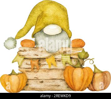 Süßer Herbstzwerg mit Pilzen, Arcons und Blättern erntet Aquarellmalerei. Herbstsaison Cartoon-Zwerg mit Laub-Aquarelle-Gemälde Stockfoto