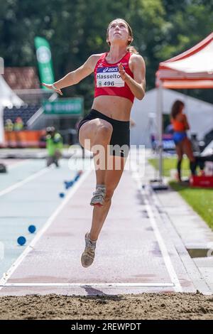 BREDA, NIEDERLANDE - JULI 30: Amy Hasselton von THOR tritt an der Frauenmeisterschaft Heptathlon - Long Jump während der niederländischen Leichtathletik-Meisterschaft am 30. Juli 2023 in Breda, Niederlande (Foto von Andre Weening/Orange Pictures). Guthaben: Orange Pics BV/Alamy Live News Stockfoto