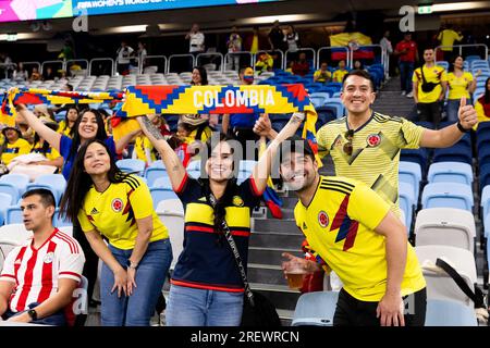 Sydney, Australien, 30. Juli 2023. Kolumbianische Fans während des Fußballspiels der Frauen-Weltmeisterschaft zwischen Deutschland und Kolumbien im Allianz Stadium am 30. Juli 2023 in Sydney, Australien. Kredit: Damian Briggs/Speed Media/Alamy Live News Stockfoto