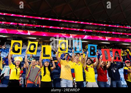 Sydney, Australien, 30. Juli 2023. Kolumbianische Fans während des Fußballspiels der Frauen-Weltmeisterschaft zwischen Deutschland und Kolumbien im Allianz Stadium am 30. Juli 2023 in Sydney, Australien. Kredit: Damian Briggs/Speed Media/Alamy Live News Stockfoto