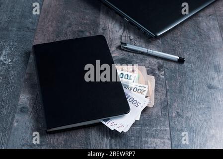 Buchfragment eines Kontogeräts mit Euro-Banknoten und einem Füllfederhalter auf einem Holztisch. Stockfoto