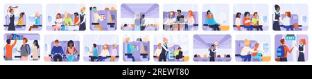 Flugpassagiere fliegen mit einer Vektordarstellung. Isolierte Cartoon-Flugszenen im Flugzeug mit Personen auf Sitzen in der Flugzeugkabine, Service und Fluganweisungen von Stewardess und Crew Stock Vektor