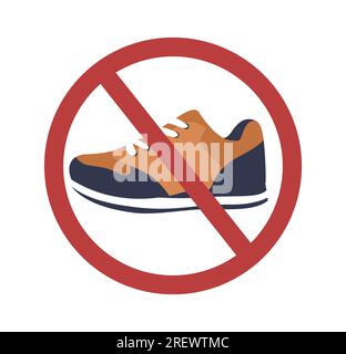 Keine Outdoor-Schuhe erlaubt. Sneakers in einem roten Verbotskreis. Verbot schmutziger Schuhe, nicht mit Stiefeln betreten. Schild für Türeingang. Design mit Aufklebern Stock Vektor