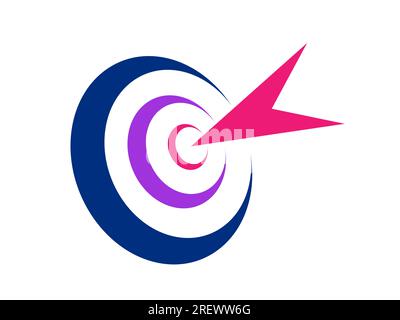 Ziel und Pfeil in der Mitte. Symbol oder Symbol für Zielgenauigkeit und Genauigkeit. Präzisionskonzept. Pfeile mit Firmenlogo. Genau richtig. Stilisiertes Ziel. Vektor Stock Vektor