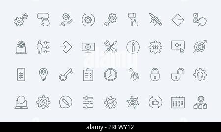 Steuerung und Verwaltung der Liniensymbole für die Systemproduktivität legen die Vektordarstellung fest. Überblick über Zahnräder und Zahnräder von Maschinenmotoren, Reparatur- und Wartungswerkzeuge für Modifikation und Einrichtung Stock Vektor