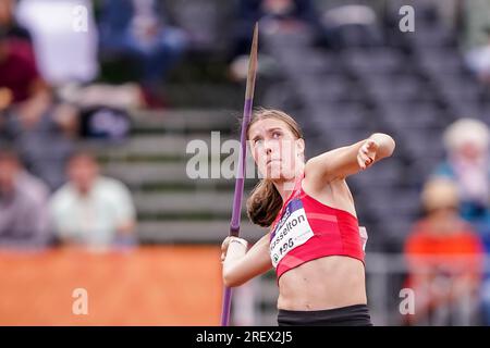 BREDA, NIEDERLANDE - JULI 30: Amy Hasselton von THOR tritt bei der niederländischen Leichtathletik-Meisterschaft am 30. Juli 2023 in Breda, Niederlande, an der Women Heptathlon - Javelin (Foto: Andre Weening/Orange Pictures). Kredit: Orange Pics BV/Alamy Live News Stockfoto