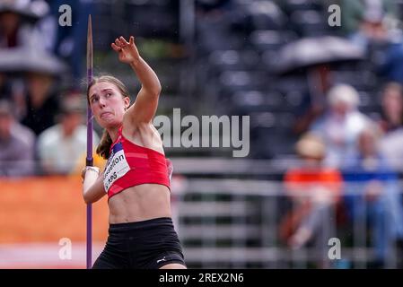 BREDA, NIEDERLANDE - JULI 30: Amy Hasselton von THOR tritt bei der niederländischen Leichtathletik-Meisterschaft am 30. Juli 2023 in Breda, Niederlande, an der Women Heptathlon - Javelin (Foto: Andre Weening/Orange Pictures). Kredit: Orange Pics BV/Alamy Live News Stockfoto