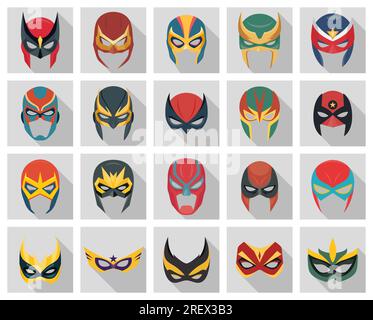 Vector Super Hero Masken in flacher Ausführung mit langem Schatten. Face Character, Superheld Comic Book Mask Collection. Superhelden Foto Requisiten, Damen und Herren Stock Vektor