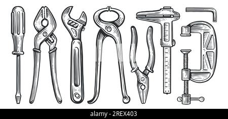 Satz Arbeitswerkzeuge. Bau-, Bau-, Reparaturkonzept. Schraubendreher, Zange, Schraubenschlüssel, Bremssättel, Spannschraubstock Stock Vektor