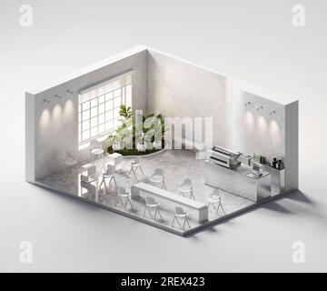 Isometrische Ansicht Minimaler Café-Shop mit Innenarchitektur, 3D-Darstellung digitaler Kunst. Stockfoto