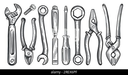 Arbeitswerkzeugsatz. Sammlung von Reparatur- und Baubedarf. Skizzieren Sie eine Vektordarstellung im Vintage-Stil Stock Vektor