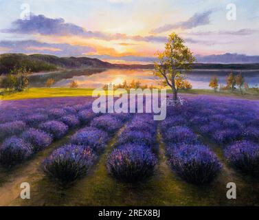 Original-Ölgemälde von Lavendelfeldern auf Leinwand. Moderner Impressionismus Stockfoto