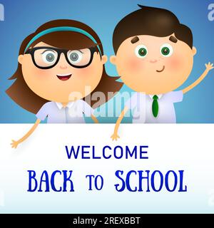 Willkommen zurück in der Schulschrift mit glücklichen Jungen und Mädchen. Werbedesign für Angebot oder Verkauf. Texteingabe, Kalligraphie. Für Flugblätter, Broschüren Stock Vektor