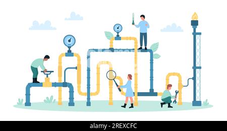 Vektordarstellung zur Inspektion von Erdgasleitungen. Cartoon Tiny People steuern Rohrsysteme für Verbindungen und Undichtigkeiten, Ingenieure für Wartungs- und Reparaturarbeiten mit Geräten Stock Vektor