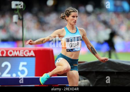 Kristlin GEAR (Vereinigte Staaten von Amerika) nimmt beim Frauen-Steeplechase-Finale 3000m bei der IAAF Diamond League 2023, Queen Elizabeth Olympic Park, Stratford, London, Großbritannien, Teil. Stockfoto