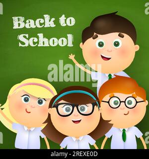 Wieder in die Schule schreiben mit glücklichen Kindern Stock Vektor