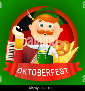 Oktoberfest-Schriftzug mit rotem Streifen und Mann in grünem Kostüm Stock Vektor
