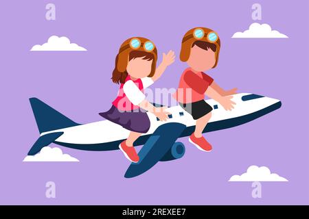 Flacher Cartoon, der kleine Jungen und Mädchen auf einem kleinen Spielzeugflugzeug malt. Glückliche Kinder im Flugzeug. Kinder, die mit einem elektrischen Spielzeugflugzeug fliegen, Sommerreise, Stockfoto