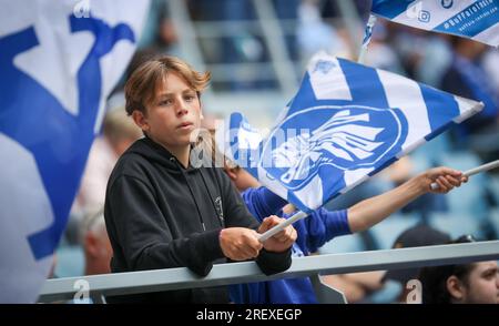 Gents Unterstützer wurde bei einem Fußballspiel zwischen KAA Gent und KV Kortrijk am Sonntag, den 30. Juli 2023 in Gent, am 1/30. Tag der ersten Division der belgischen Meisterschaft „Jupiler Pro League“ 2023-2024, fotografiert. BELGA PHOTO VIRGINIE LEFOUR Stockfoto