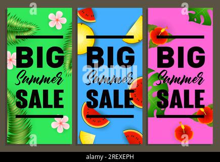 Vertikales Bannerdesign für große Sommerangebote. Tropische Blumen Stock Vektor