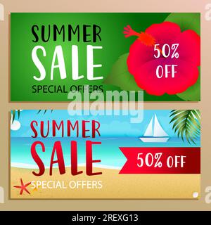 Bannerdesign für Sommerangebote mit roter tropischer Blume Stock Vektor
