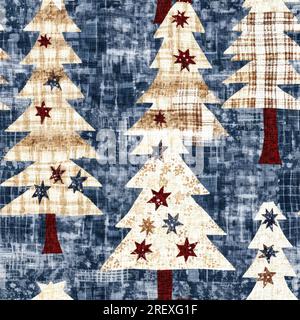 Altmodischer weihnachtsbaum mit primitivem Handnähstoff-Effekt. Gemütliches, nostalgisches, selbstgemachtes, handgefertigtes Kunsthandwerk mit nahtlosem Muster Stockfoto