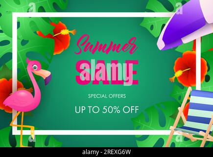 Sommerangebot – leuchtendes Posterdesign. Tropische Pflanzen Stock Vektor