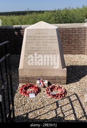 Private Gedenkstätte für George Futvoye Marsden-Smedley, getötet während der Schlacht an der Somme 1916 Stockfoto