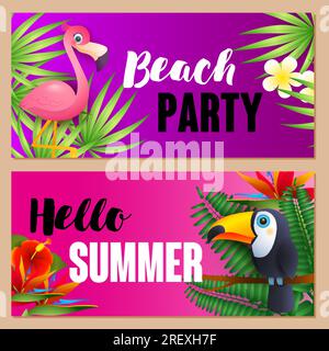 Strandparty, Hello Summer-Schrift mit exotischen Vögeln Stock Vektor