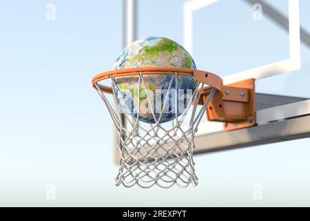 Basketballkorb mit einem Ball in Form einer Planetenerde. Basketballweltkonzept. 3D Abbildung Stockfoto