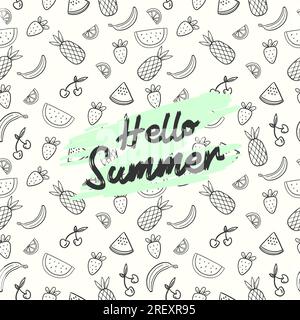 Handgezeichnete Sommerfrüchte mit Wassermelone, Erdbeere und Ananas Stock Vektor