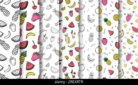 Handgezeichnete Sommerkollektion mit Früchten, Wassermelone, Kirsche, Ananas, Bananen, Erdbeeren Stock Vektor