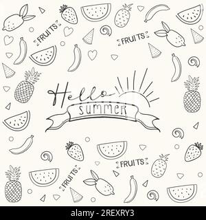 Doodle Kollektion handgezogener Sommerfrüchte mit Wassermelone, Ananas, Banane, Erdbeere und Orange Stock Vektor